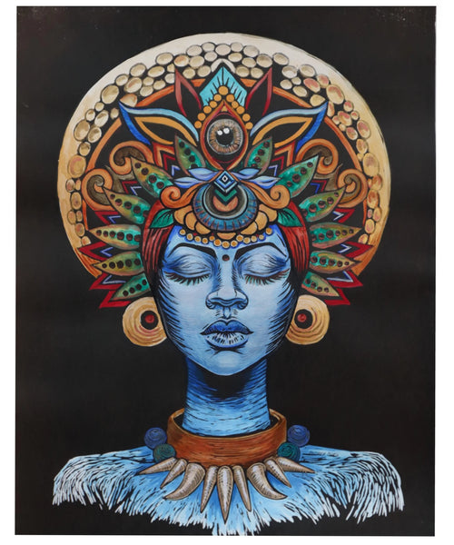 A blue figure with an ornate crown of feathers and a central eye.
