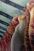 A painted human torso suspended among hanging sides of butchered livestock.