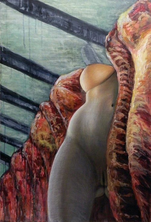A painted human torso suspended among hanging sides of butchered livestock.