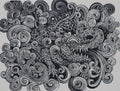A black and white relief print of a mythic sea creature among swirling currents.