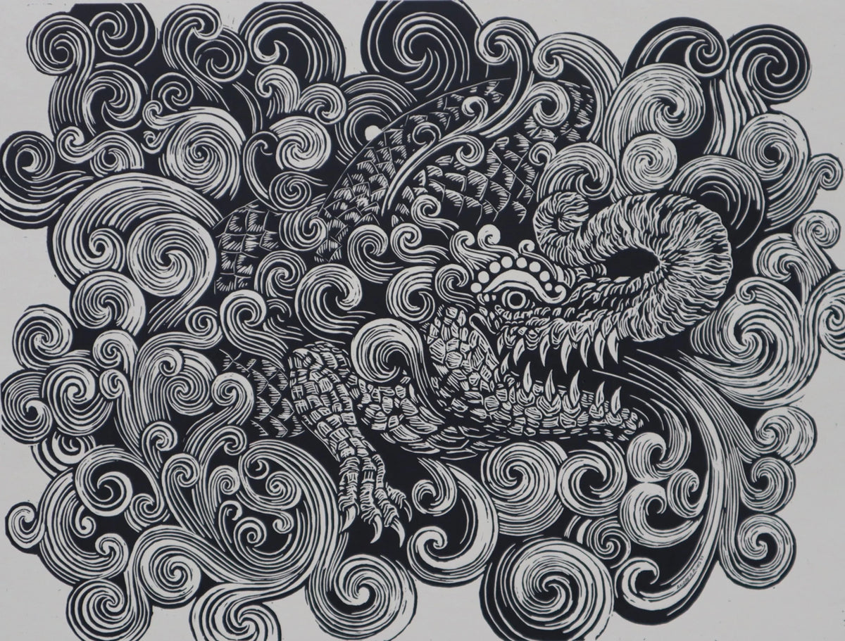 A black and white relief print of a mythic sea creature among swirling currents.