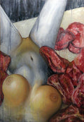 A painted female torso surrounded by red cuts of meat, with cool grey tones across the body.