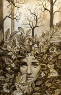 An ink drawing of a face surrounded by dense leaves, with bare trees behind it.