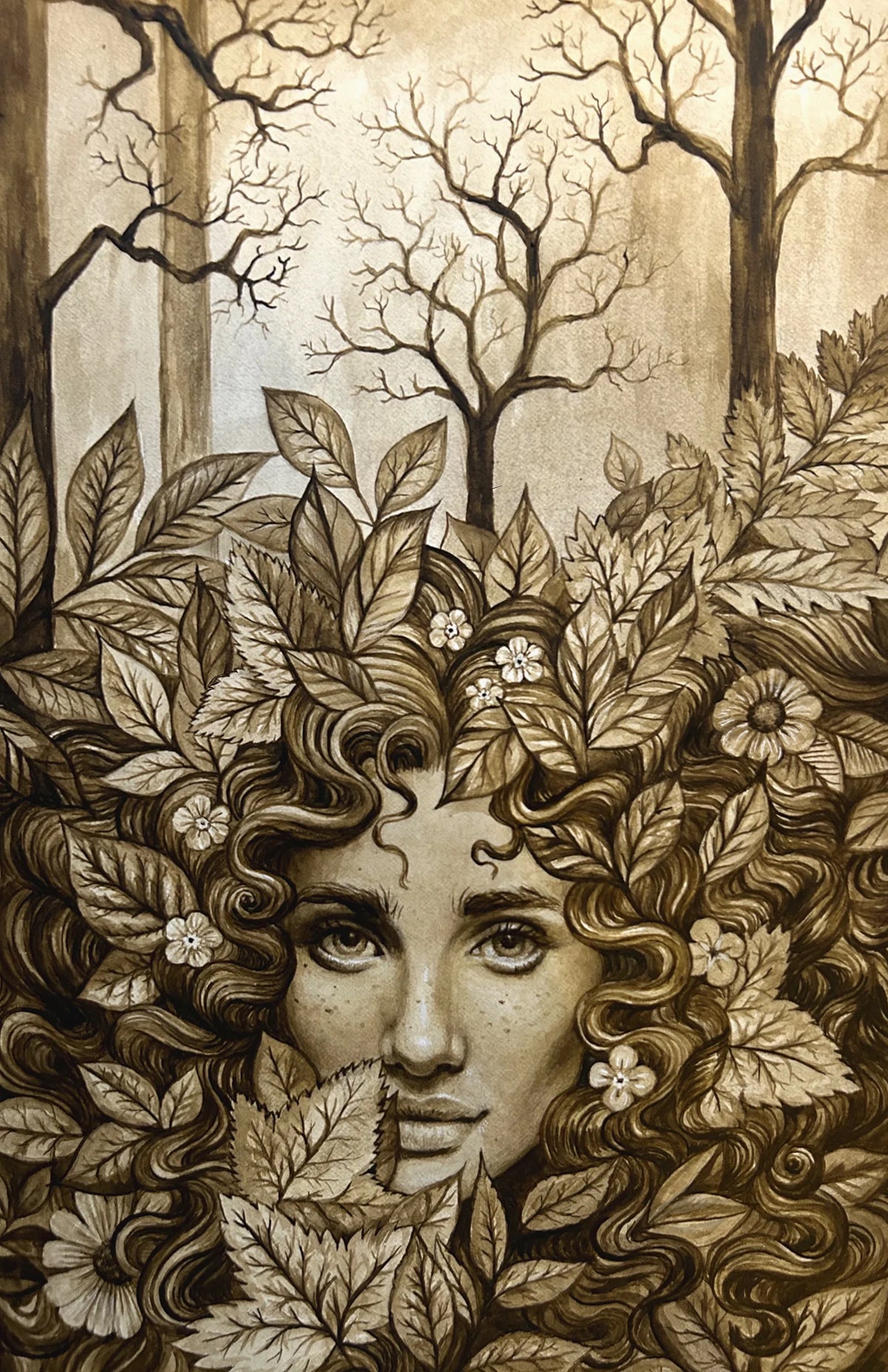 An ink drawing of a face surrounded by dense leaves, with bare trees behind it.