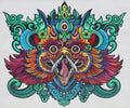 A vividly colored Garuda-inspired figure with open jaws and spreading wings on white paper.