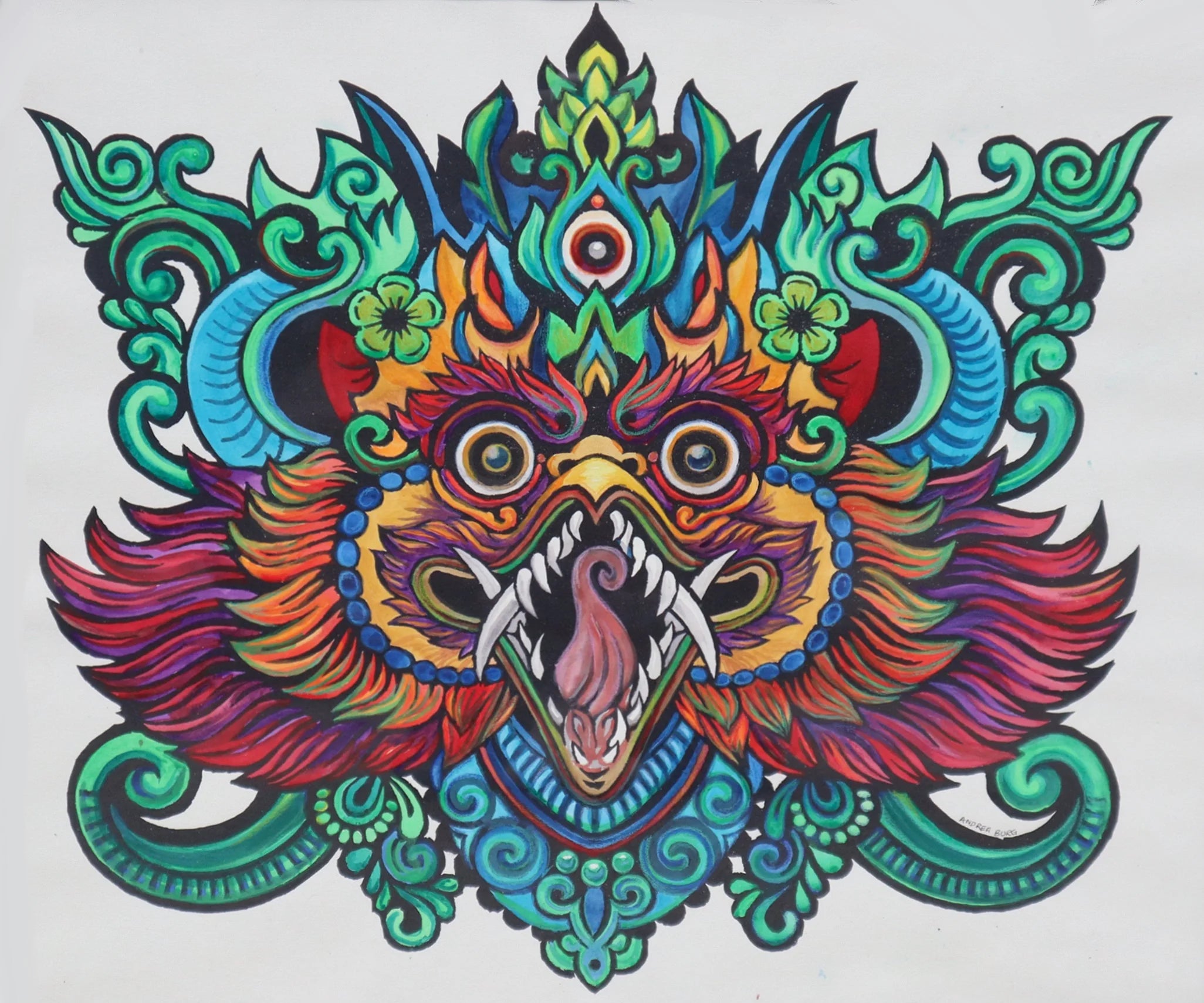 A vividly colored Garuda-inspired figure with open jaws and spreading wings on white paper.