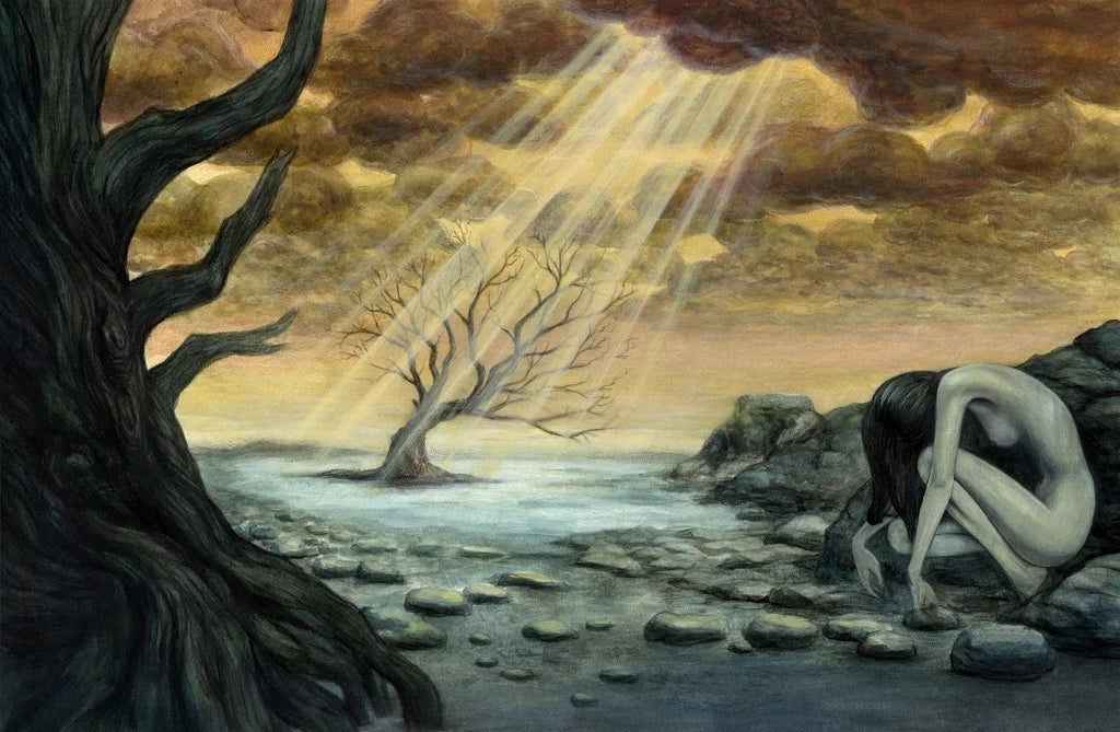 A bowed figure beside a bare tree and water, beneath shafts of sunlight breaking through clouds.
